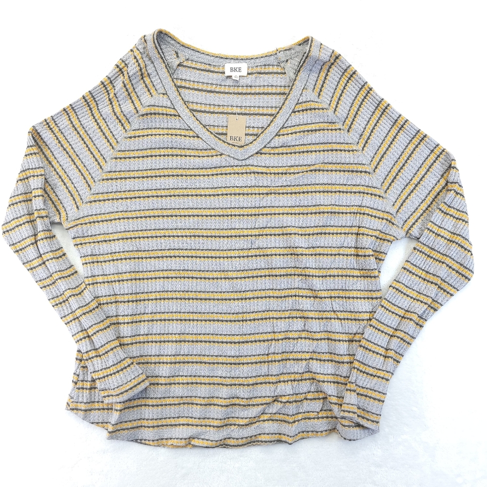 BKE Womens V Neck Sweater‎ Striped Waffle Rayon Stretch Gray Y2K Size Medium